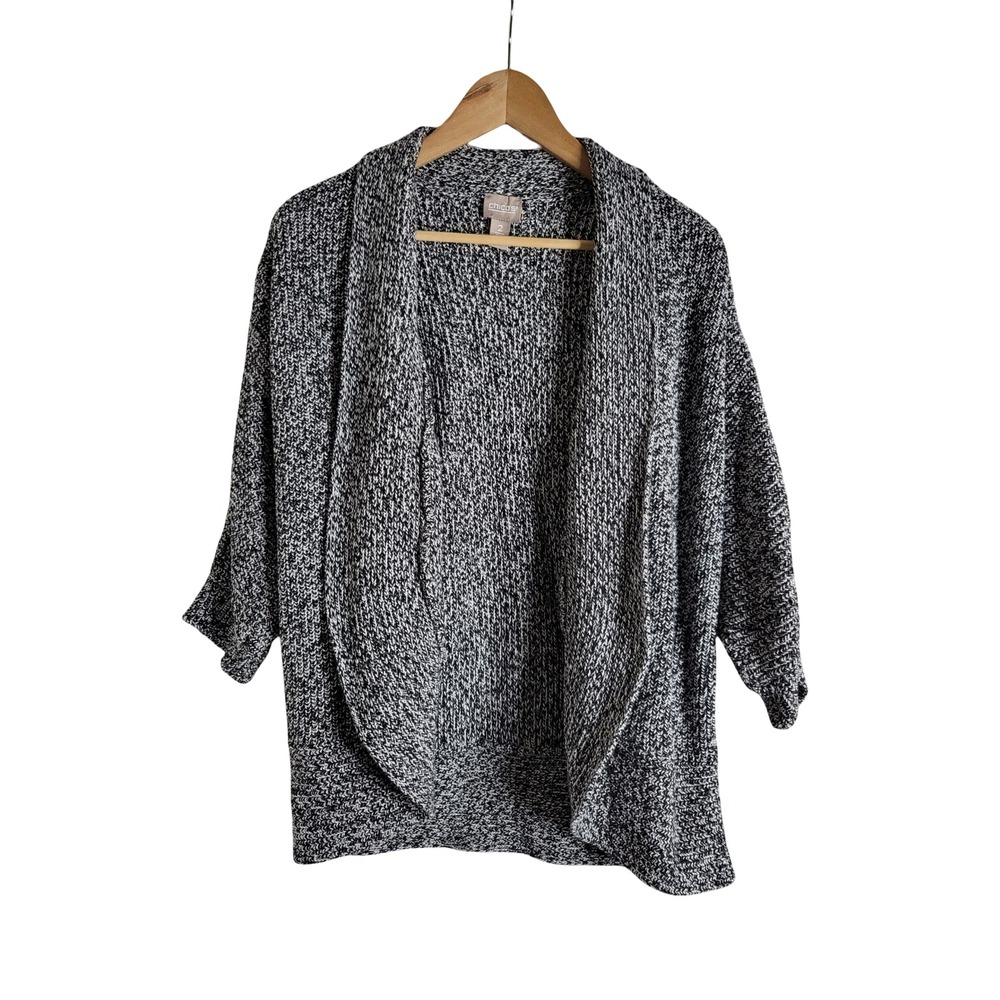 Chicos 2 Black White Marled Cotton Open Front Cocoon Cardigan Sweater Laid-back